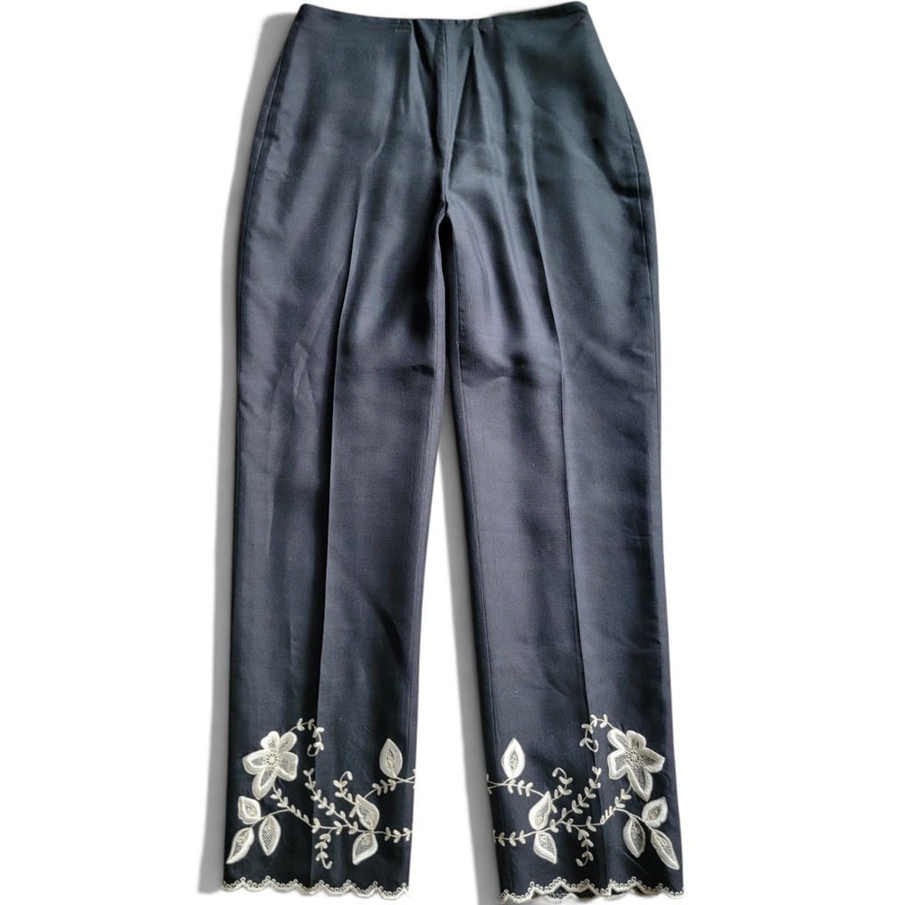 Vtg Ann Taylor 100% Silk Black Embroidered Scalloped High Rise Tapered Leg Pants